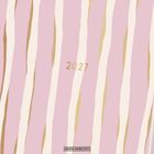 „2027“ in der Mitte, gemustertes Design mit vertikalen Streifen in Rosa- und Beigetönen.