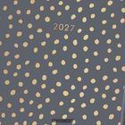 "2027" in Gold auf dunkelgrauem Hintergrund, dekoriert mit goldenen Punkten.