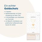 Ein echter Goldschatz: 5 Spalten, Kalender mit Goldveredelung, Stickerbögen, Bleistift, Notizblock, Tasche für Zettel.