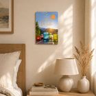 Text: "Zeit für dich." und "50 Karten, die inspirieren." Ein dekorativer Kalender in einem gemütlichen Raum mit Bett und Lampe.