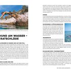 "MIT DEM HUND AM WASSER – EIN PAAR RATSCHLÄGE" mit Tipps zu Salz- und Badewasser. Foto: Mensch und Hund springen ins Wasser.