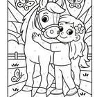 Zahlen 1-12 in Bereichen. Kind umarmt Pferd, zwei Schmetterlinge. Illustration zum Ausmalen.