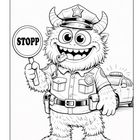 Monster in Polizeiuniform hält ein "STOPP"-Schild, lächelt und steht vor einem Polizeiauto mit blinkendem Licht.