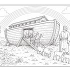 Eine Illustration zeigt eine Arche, Tiere gehen eine Rampe hinab, ein Mann mit Stab steht daneben, ein Regenbogen im Hintergrund.