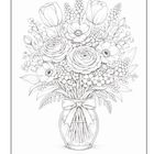 Eine detaillierte Illustration zeigt einen Strauß aus Tulpen, Rosen und anderen Blumen in einer Vase.