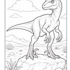 Illustration eines Dinosauriers auf einem Felsen; umgeben von Wüste mit Pflanzen, Bergen und Wolken.