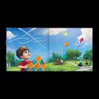 Links: "An einem Regentag ist der Himmel grau." Ein Kind mit Regenschirm. Rechts: "An einem Sommerabend ist der Himmel rot." Ein Kind mit Fahrrad.