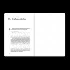 Text: "Der Brief des Jakobus" mit Kapitelbeginn und Inhalten über Glauben und Weisheit. Linke Seite Text, rechte Seite leer.