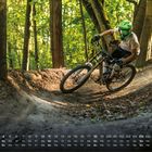 Kalenderblatt mit Monatstagen. Ein Mountainbiker in grünem Helm fährt rasch durch einen Waldweg.