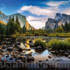 "5 Sonnenaufgang Yosemite National Park" steht unten rechts. Kalender mit Bergen, Bäumen und Fluss im Sonnenlicht.