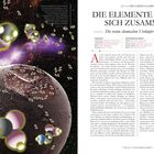 Logo Text: "DIE ELEMENTE FÜGEN SICH ZUSAMMEN - Die ersten chemischen Vorläufer des Lebens." Illustration von Molekülen im Weltraum.
