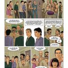 Mehrere Personen stehen in einem Raum, eine droht mit einer Waffe. Dialoge zeigen Spannung und Bedrohung.