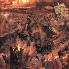 „KCS“ auf einem zerstörten Gebäude. Einschlägige Ruinen, Rauch und Flammen, futuristische Stadt im Hintergrund.