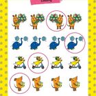 "Lösung" steht über einer Illustration mit Tieren. Einige Zeichnungen sind rot umkreist. Gelber Hintergrund mit Blumen.