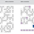 Zahlenraum 1-100. Addition und Subtraktion. Viele Zahlen und Rechnungen in einem Rätselgitter. Zeichentrickfigur rechts.