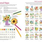 „Ausmal-Tipps“, „Farbverzeichnis“, „Motivverzeichnis“, Illustrationen mit Blumen, Tieren und Gartenszenen.