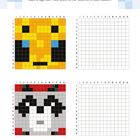 "Übertrage die Pixel Schritt für Schritt in das Raster." Zwei bunte Pixelbilder mit zugehörigen leeren Rastern.