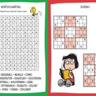 Links: Wortsuchrätsel mit Begriffen zu Charles M. Schulz. Rechts: Zwei Sudoku-Rätsel, unten eine Figur mit Buch.