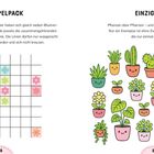 Links oben: "IM DOPPELPACK", ein Gitter mit bunten Blumen. Rechts oben: "EINZIGARTIG!", viele fröhliche Pflanzen in Töpfen.