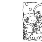 Illustration: Zwei lächelnde Axolotl sitzen in Sesseln mit Tee und Kuchen vor einem Fenster mit Fischen im Hintergrund.