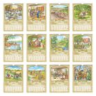 Januar, Februar, März, April, Mai, Juni, Juli, August, September, Oktober, November, Dezember. Kalenderblätter mit Illustrationen.