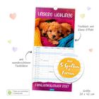 Text "Unsere Lieblinge", darunter Welpen in bunten Decken, daneben Worte "mit 5 Spalten & Ferien". Famillienkalender 2027.