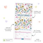 "Familienterminer 2027" steht mittig, umgeben von buntem Blumendesign. Kalender unten mit Spalten für Termine.