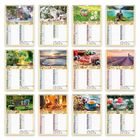 Monatsnamen von Januar bis Dezember, bunte Kalenderblätter mit Naturfotos passend zu den Jahreszeiten.