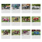 Kalenderseite mit Monatsnamen: Januar bis Dezember, jedes mit einem Foto eines Oldtimer-Motorrads oder -Rollers.