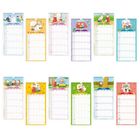 Kalenderblätter mit Monatsnamen: Januar bis Dezember. Oben sind bunte Illustrationen mit spielenden Tieren.