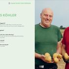 Text: "GANZ KURZ ZUR PERSON ANDREAS KÖHLER Landwirt", Lieblingsgericht Kartoffeln. Zwei Männer halten Kartoffeln im Freien.