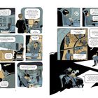 Comic-Szenen, geschäftlich gekleidete Männer in Gesprächen, eine Person in Uniform mit Zigarre.