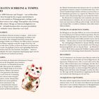 Texte: "DIE COOLESTEN SCHREINE & TEMPEL IN TOKIO", "MEIJI-JINGU-SCHREIN", "GOTOKUJI-TEMPEL", "TOYOKAWA-INARI-BETSUIN-TEMPEL", "HIE-SCHREIN", "TSUKIJI-HONGANJI-TPEMTEL". Illustration: Maneki-neko (Glückskatze).