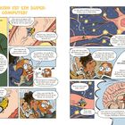 "Das Gehirn ist ein Supercomputer!" Dialoge erklären Funktion und Struktur des Gehirns. Illustrationen von Neuronen und Personen.