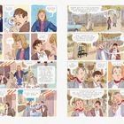 Comic mit Dialogen in Deutsch. Gespräche über Literatur, Lesestoff und Begegnungen. Personen spazieren und sitzen.