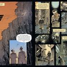 Comic-Illustration mit Texten über Abflug, Urlaub und Prag. Figuren in Mänteln, Flugzeug und Gebäude in düsteren Farben.
