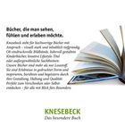 Texte beschreiben hochwertige und erlebnisreiche Bücher. Dazu ein aufgeschlagenes Buch und das grüne Logo von Knesebeck.