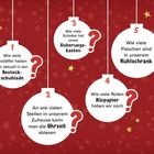 Illustration mit fünf Fragen in weißen Kugeln auf rotem Hintergrund mit Sternen. Fragen zu Kühl- und Besteckschublade, Sicherungskasten.