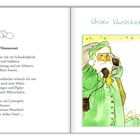 „Unser Wunschzettel“ in grüner Schrift. Illustration: Nikolaus in Grün mit Handschuhen und Tannen im Hintergrund.