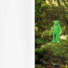 Keine Texte. Eine Person in einem grünen Bärenkostüm steht in einem moosbewachsenen Wald.