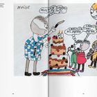 Am 26. Juli feiern wir den großen Geburtstag. Kinder singen, während eine Person einen Kuchen anschneidet. Illustrativ.