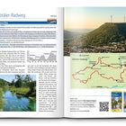 Titel: "Albtrauf-Radweg 186 km". Links: Beschreibung des Radwegs, eine Karte mit Höhenprofil. Rechts: Foto von Landschaft mit Windrädern, darunter eine detaillierte Karte des Radwegs.