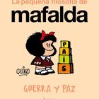 "La pequeña filosofía de Mafalda", "PAIS", "GUERRA Y PAZ". Illustration von einem Mädchen neben Bauklötzen.