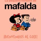 "La pequeña filosofía de Mafalda" und "¡Bienvenidos al cole!". Illustration: Zwei Kinder mit Schultaschen.