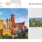 "Palácio Nacional da Pena", Bild des bunten Palastes mit roten und gelben Türmen, bewaldete Landschaft im Hintergrund.