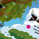 Der Wind weht verspielt, doch er bringt große Wolken mit. Ein Vogel fliegt neben einem Baum mit Windspiel und Spinnennetz.