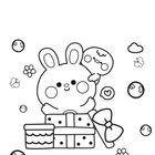 Illustration eines niedlichen Hasen mit einem Küken auf dem Kopf, umgeben von Geschenken, Blumen, Blasen und Schmetterlingen.