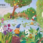 "GARTEN. WEISST DU, WAS SICH DIE GOTTESANBETERIN ALS GESCHENK GEWÜNSCHT HAT?" Fröhliche Gartenszene mit Wichteln und Tieren.