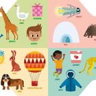 G: Giraffe, Gans, Geschenk, Gesicht, Gießkanne.  
H: Honig, Hase, Hund, Heißluftballon.  
I: Insekt, Iglu, Igel.  
J: Joghurt, Junge, Jacke, Jaguar.  
Illustration.