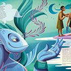 Zwei Textabschnitte über einen jungen Fischer, Adaro, der ein Geschenk der Meereskenntnis erhält und dessen Geheimnis wahren muss. Links dominiert ein lächelndes Meereswesen, rechts drei Männer unter Mond und Sternen.